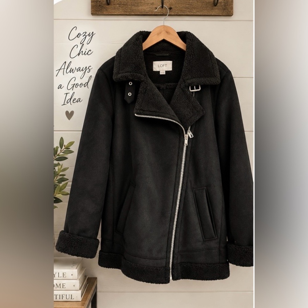 LOFT Black Faux Shearling Moto-Style Jacket